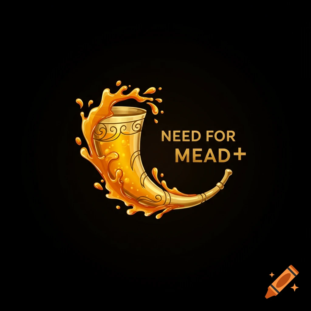 Illustration of a golden drinking horn spilling liquid next to the text 'NEED FOR MEAD +'