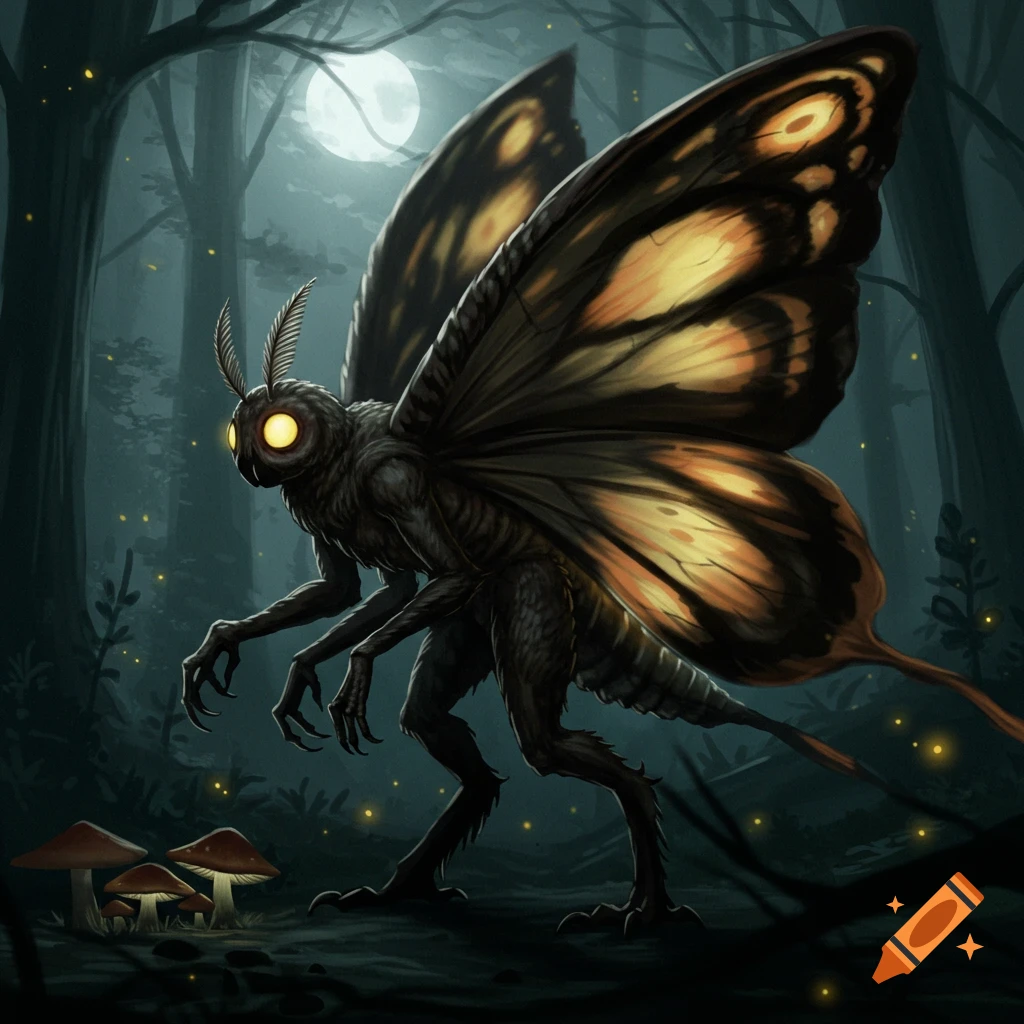 Mothman standing in a dark forest at night under a full moon.
