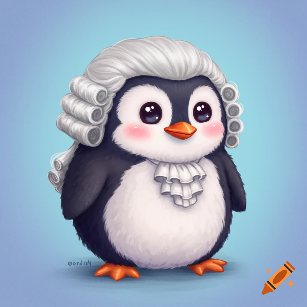 A cute penguin wearing a white powdered wig and ruffled collar.