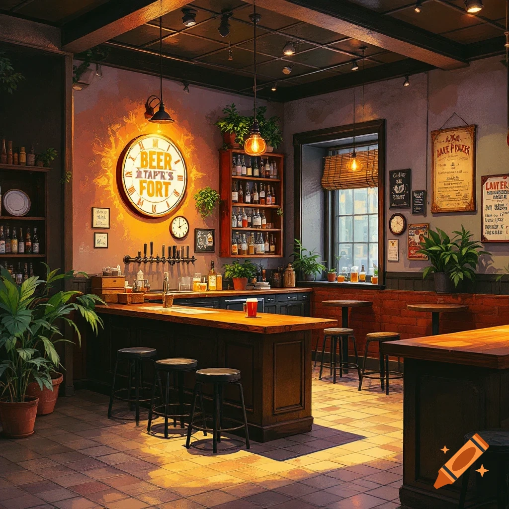 The interior of a cozy bar or tap room with a large BEER sign.