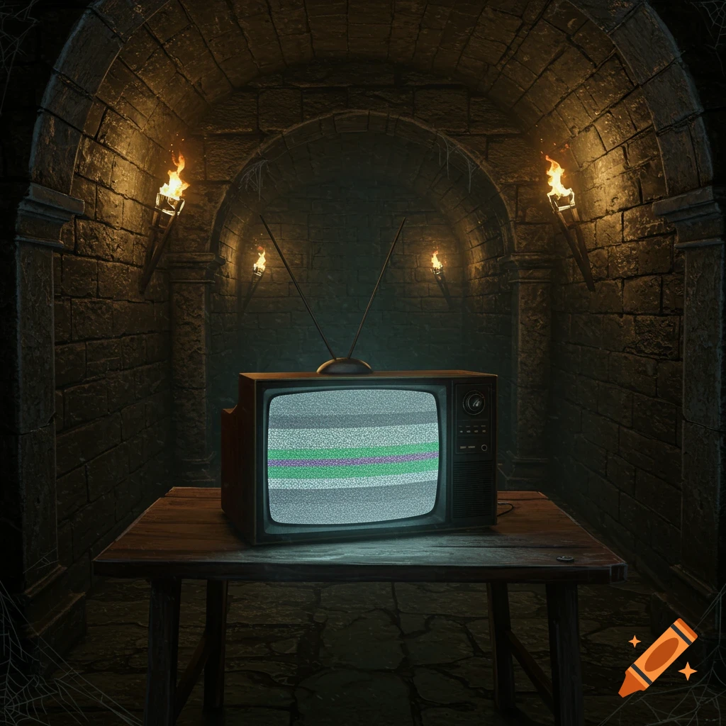 A retro television sits on a wooden table in a dark, stone dungeon lit by torches.