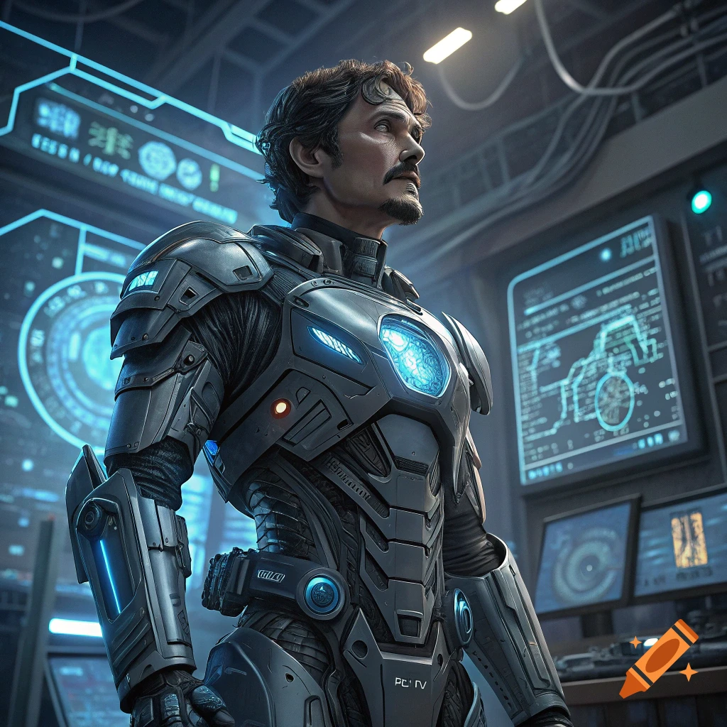 Man resembling Pedro Pascal in futuristic gray robotic armor in a tech lab.