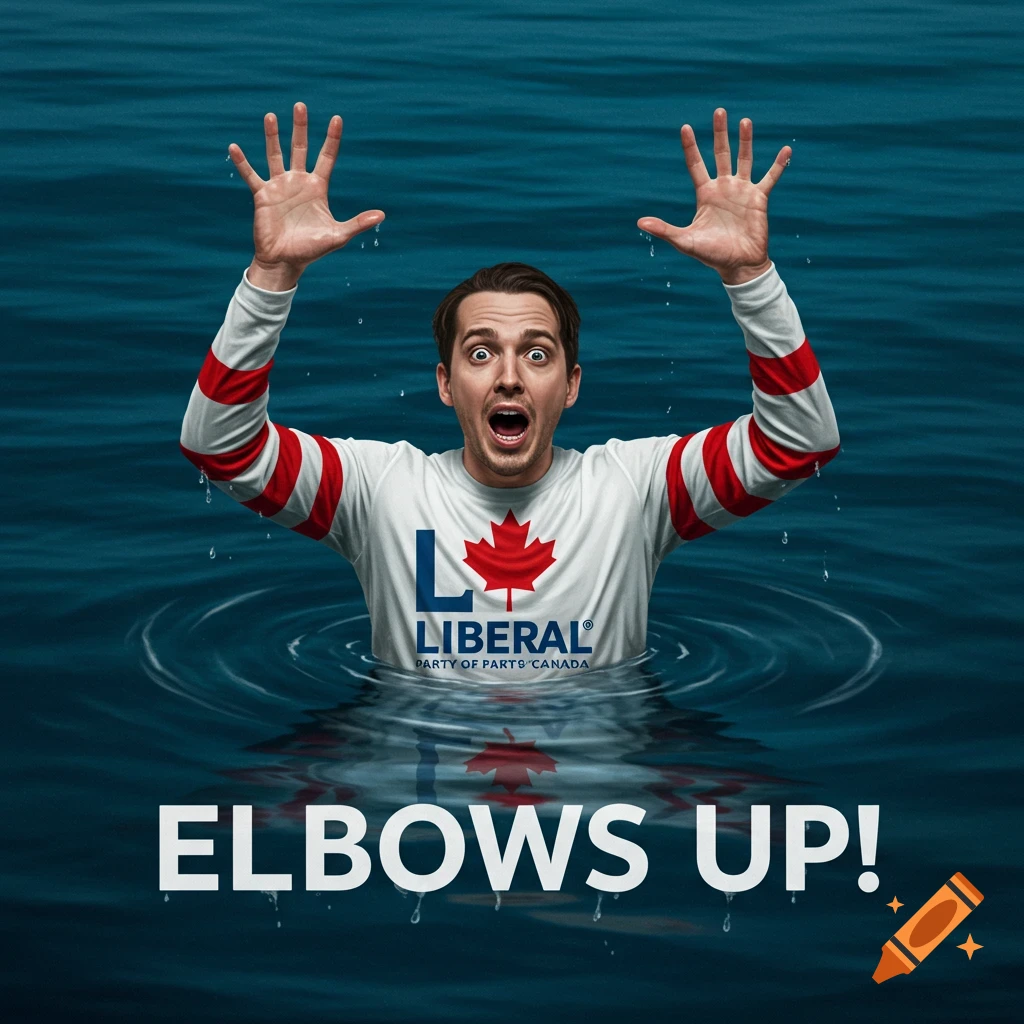 Man in water with hands up wearing shirt with Liberal Party logo and text 'ELBOWS UP!'