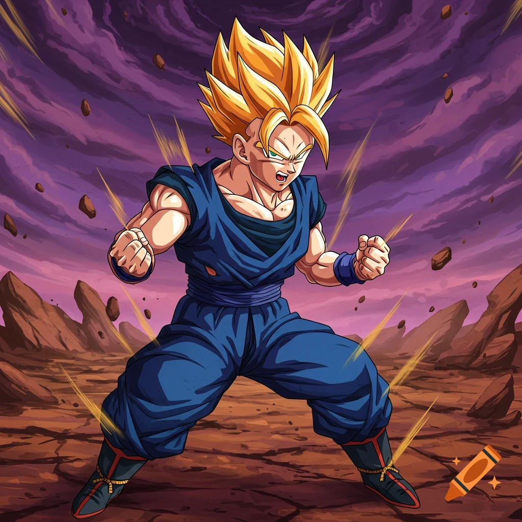 Son Gohan from Dragon Ball Z in Super Saiyan form, powering up in a rocky landscape under a purple sky.