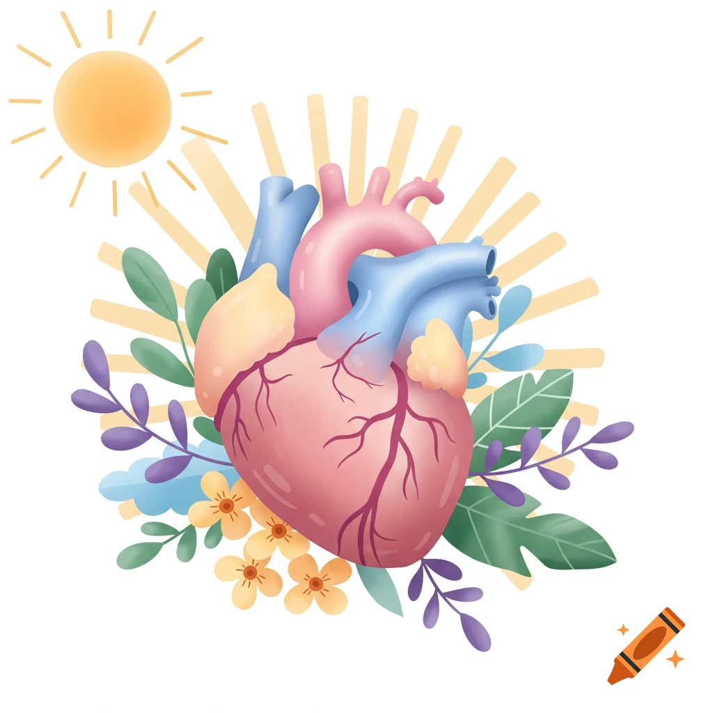 Stylized illustration of a human heart surrounded by flowers, leaves, and sun rays
