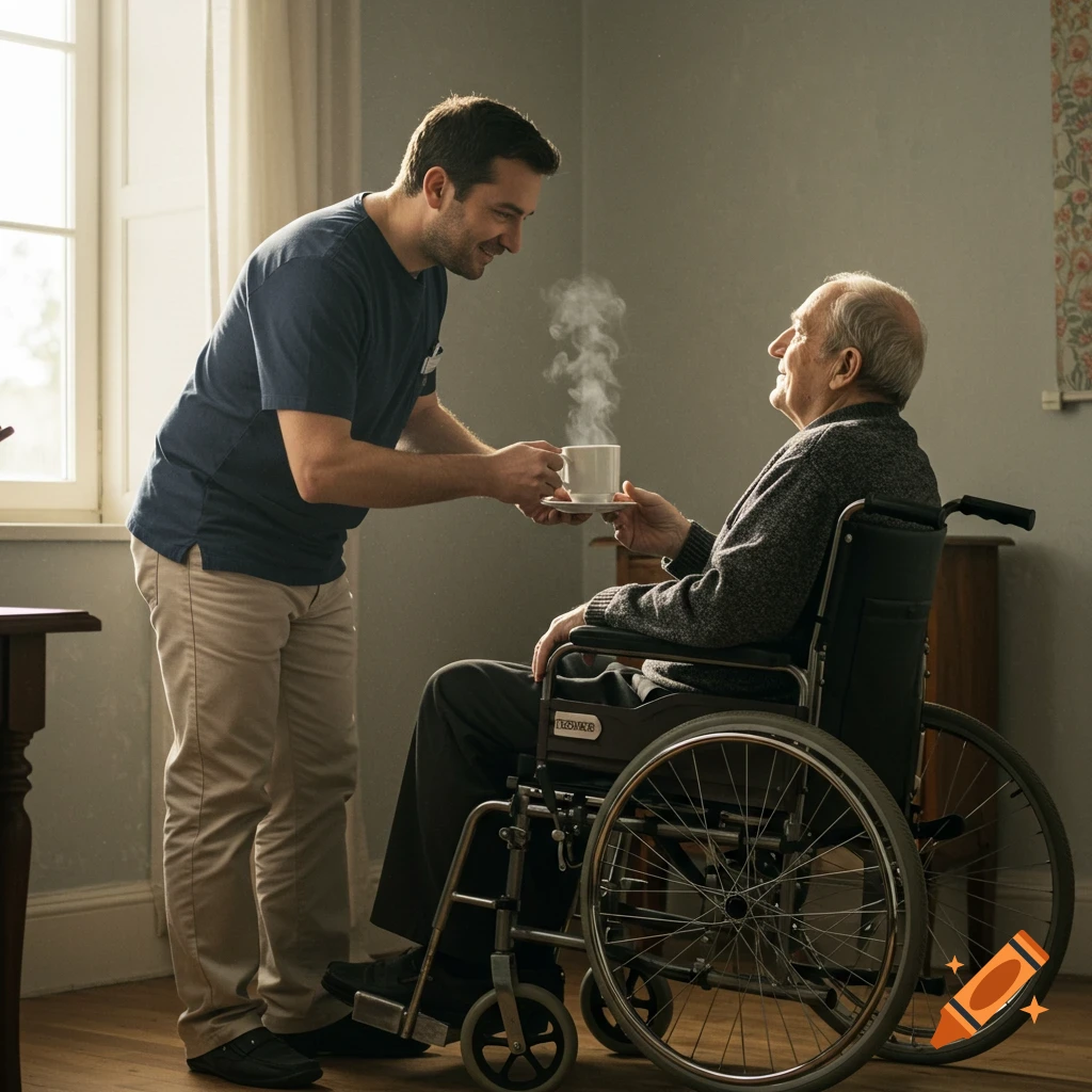 A male caretaker offers a steaming cup of coffee to an elderly man in a wheelchair.