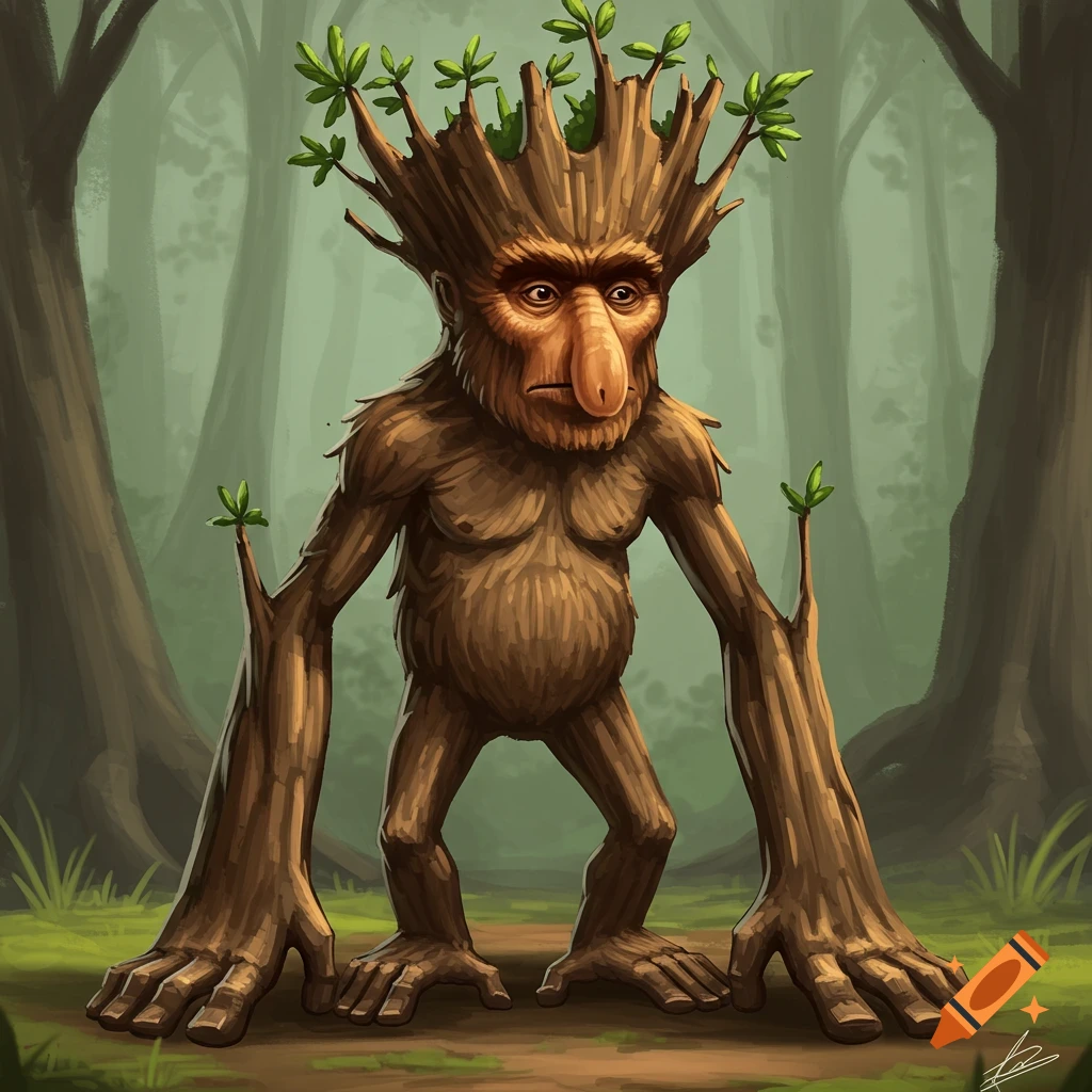 A tree monster with large feet and a proboscis monkey face standing in a forest.