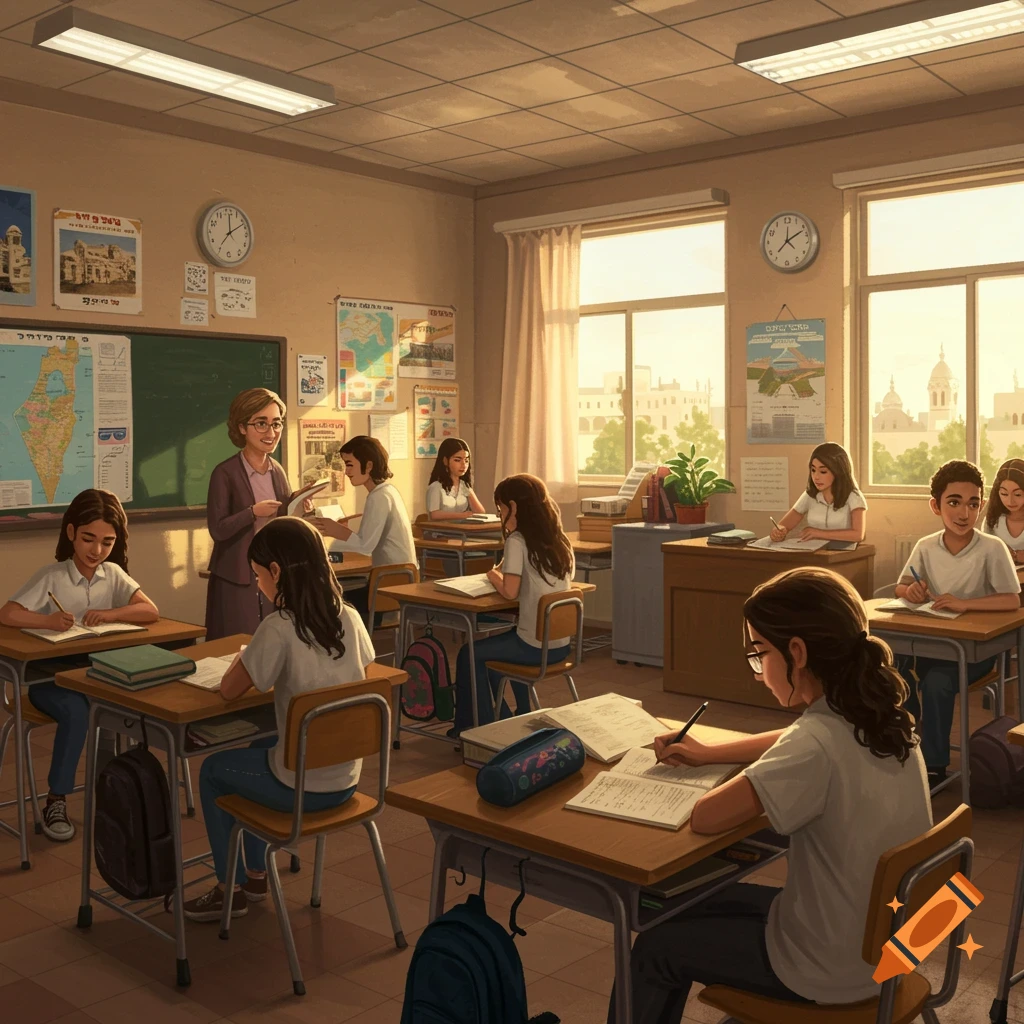 A teacher and students in a sunny classroom with maps and posters.