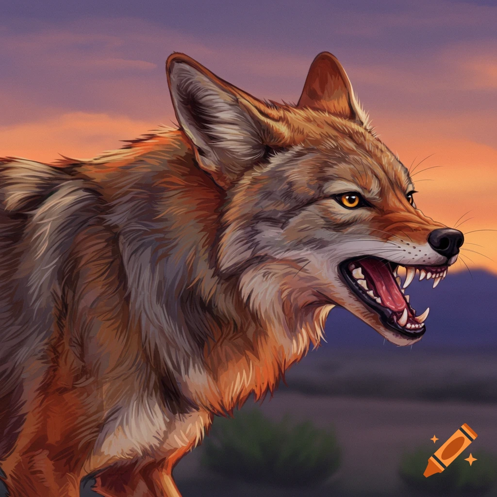 A growling coyote against a sunset backdrop.