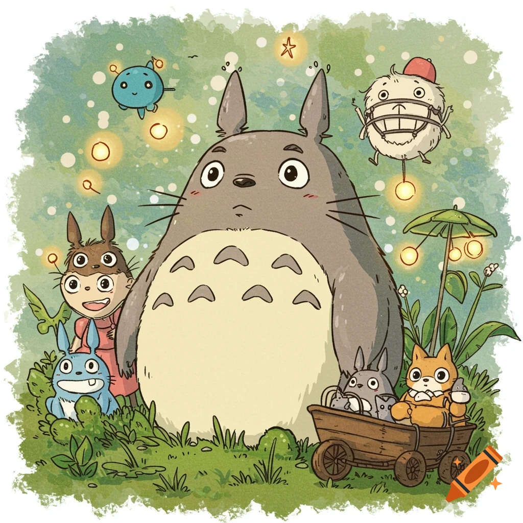 A large grey creature like Totoro surrounded by smaller creatures in a forest with glowing lights, in a Studio Ghibli style illustration.