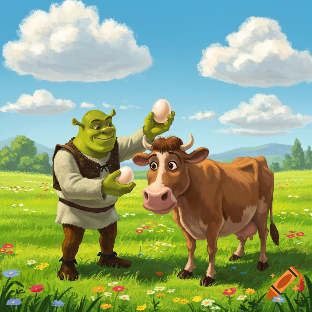 Shrek holds two eggs next to a surprised cow in a sunny, grassy field with flowers.