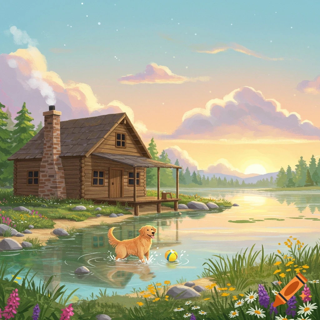 An illustration of a golden retriever playing in a lake near a log cabin at sunrise.