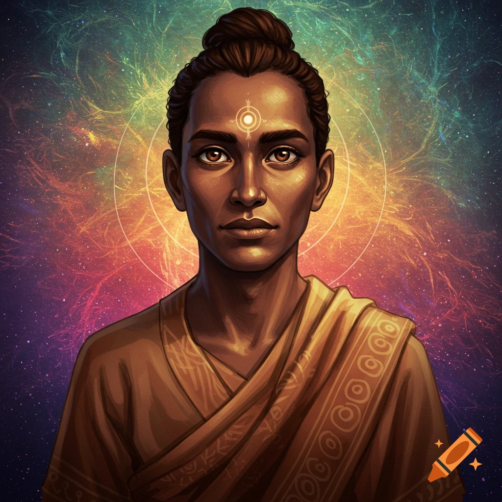 A person with a symbol on their forehead wears a golden robe against a cosmic background.