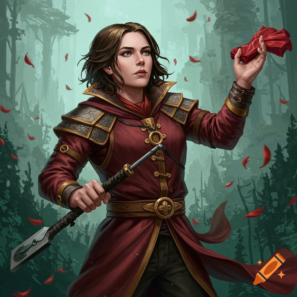 A female fantasy character in red armor holding a whip and red cloth in a forest.