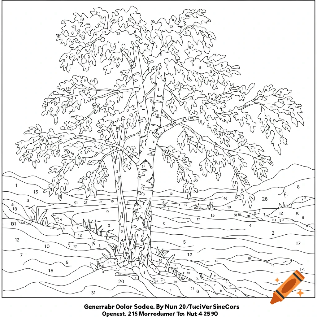 Black and white line drawing of a tree for color by number, with numbers in the sections and text below.
