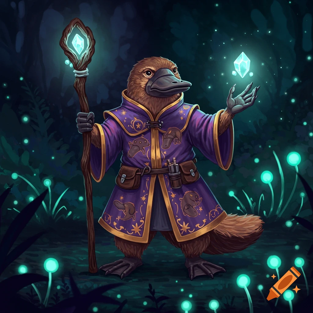 A platypus wizard holds a staff and crystal in a glowing forest.
