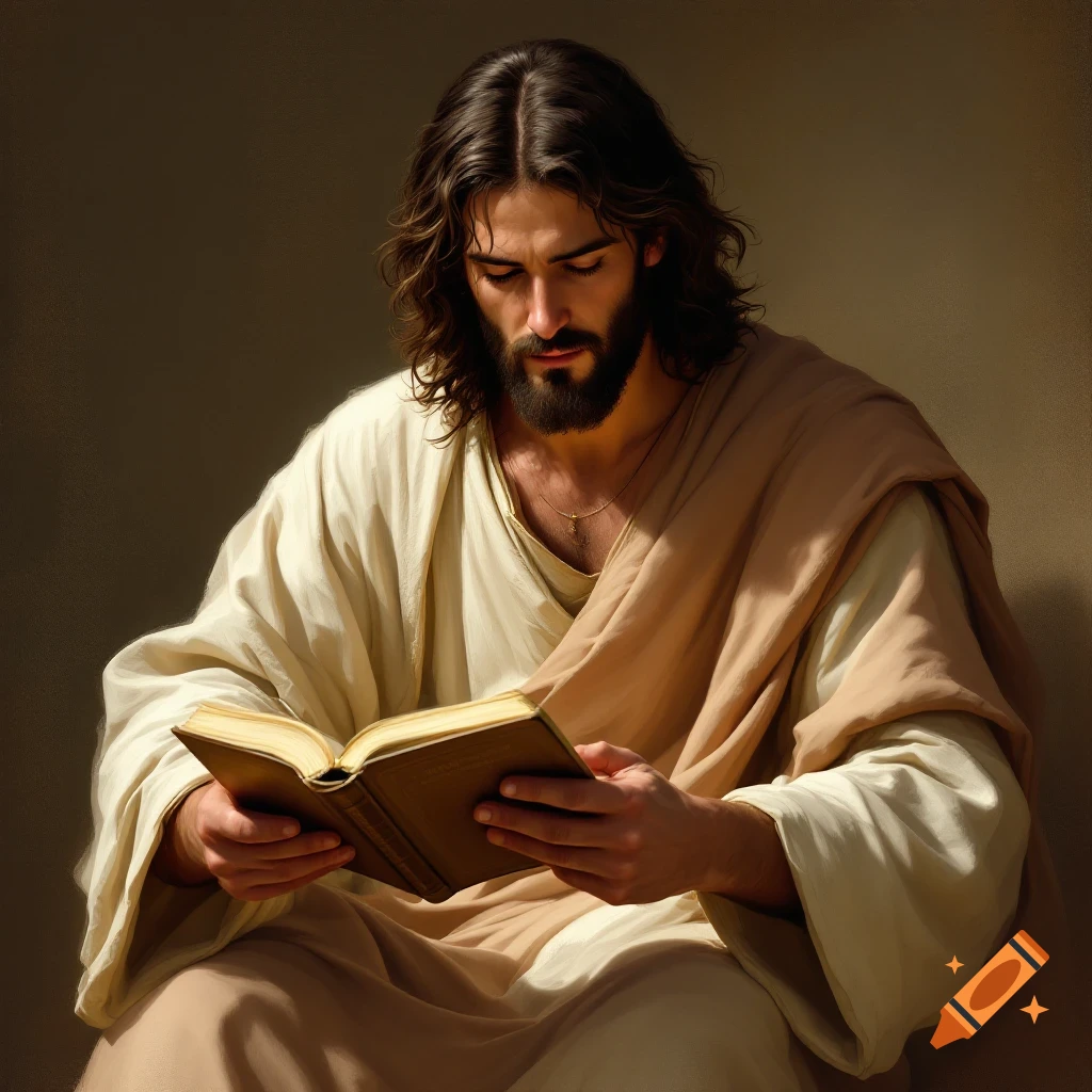 A man resembling Jesus reading a book.