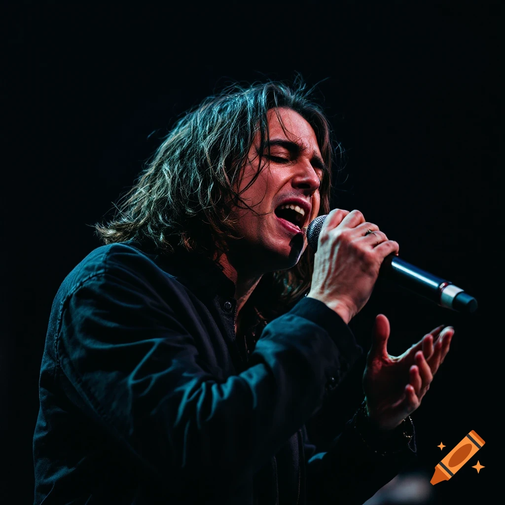 A person with long hair sings passionately into a microphone on a dark stage.