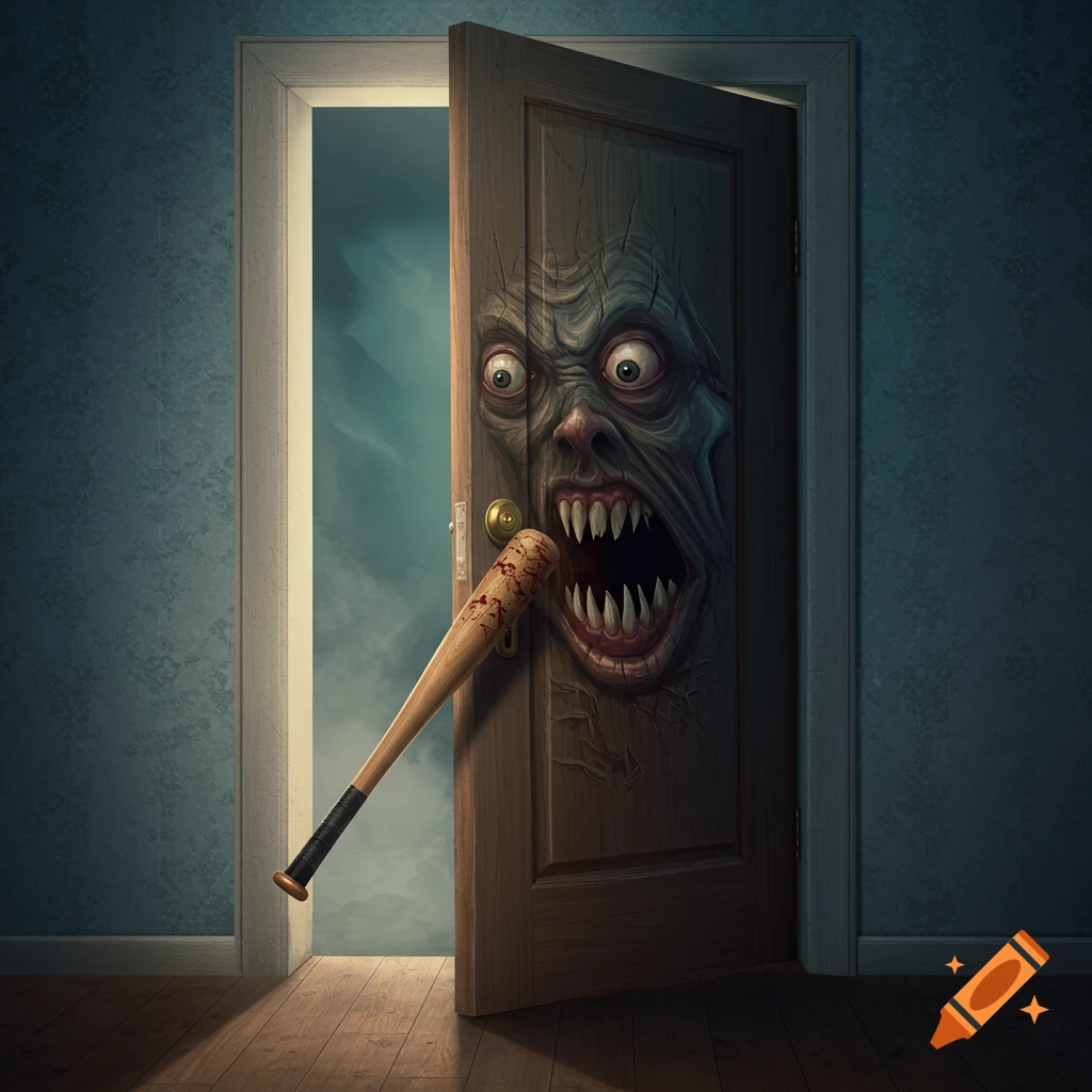 An open door with a scary face on it and a bloody baseball bat.