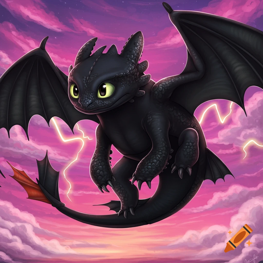 Black dragon Toothless flies through a pink and purple stormy sky with lightning.