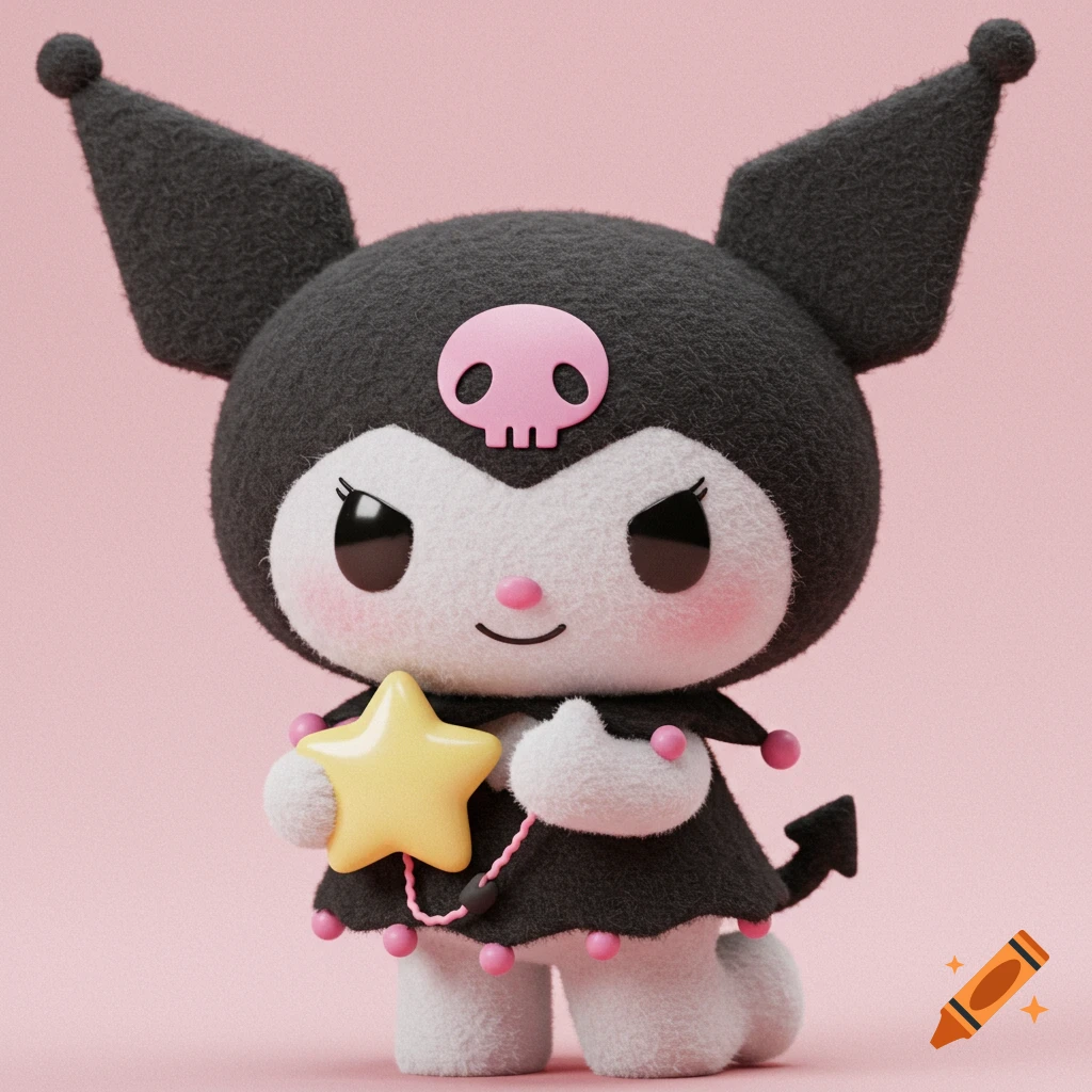 3D render of a Kuromi plush toy holding a yellow star against a pink background.