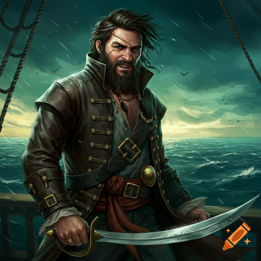 A bearded pirate with an eyepatch and sword stands on a ship deck during a storm.