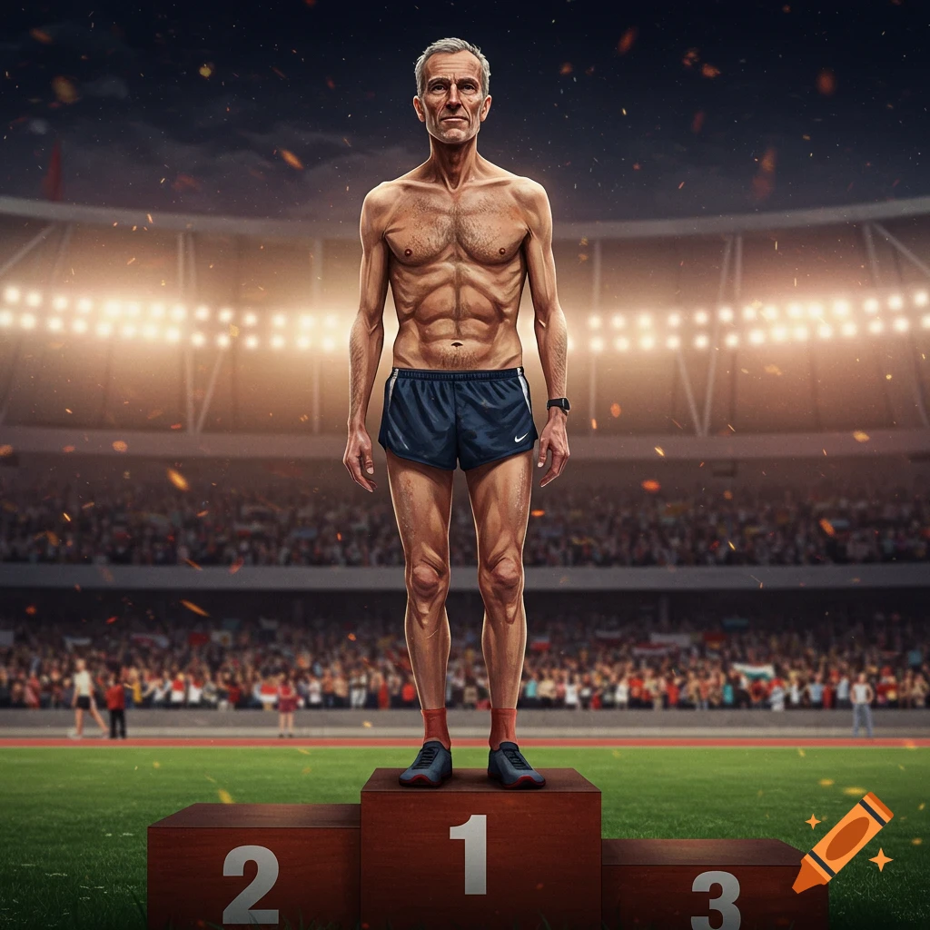 A shirtless male athlete standing on a first-place medal podium in a stadium.