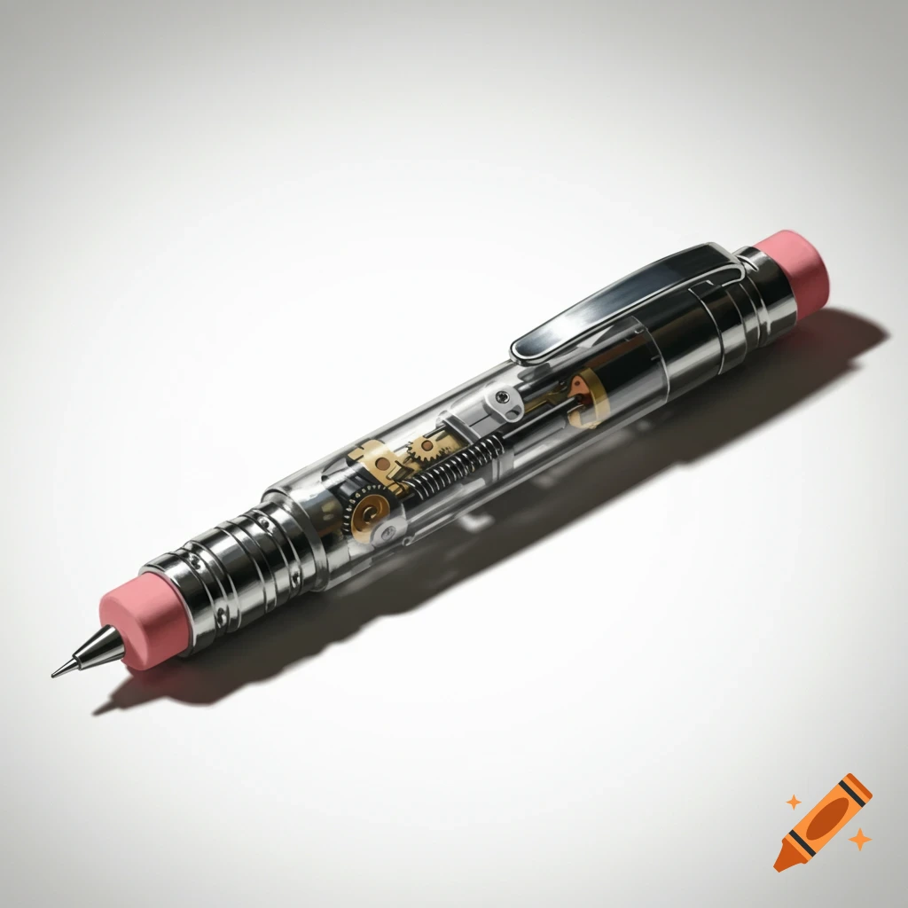 Photorealistic illustration of a transparent mechanical pencil showing internal gears and a pink eraser tip.