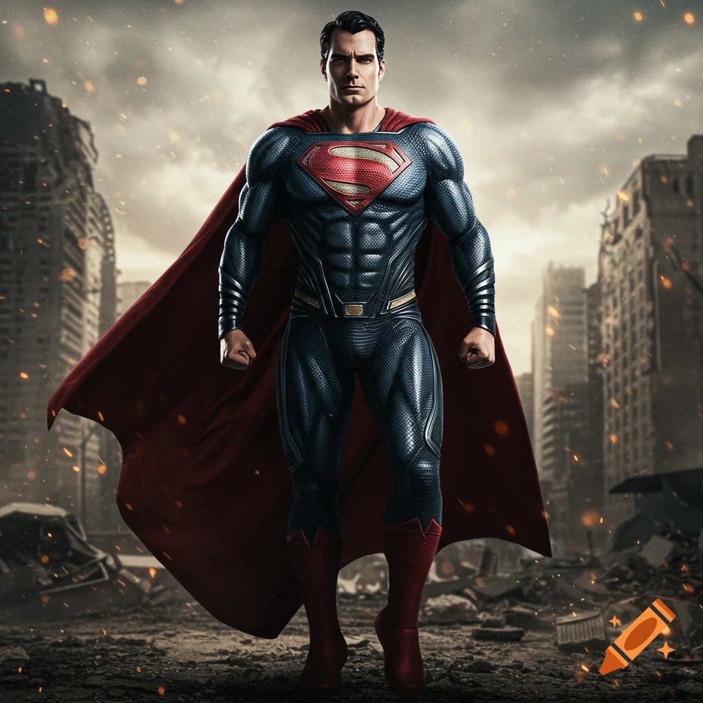 Muscular superhero in a dark suit with red cape and chest shield stands in a destroyed city.