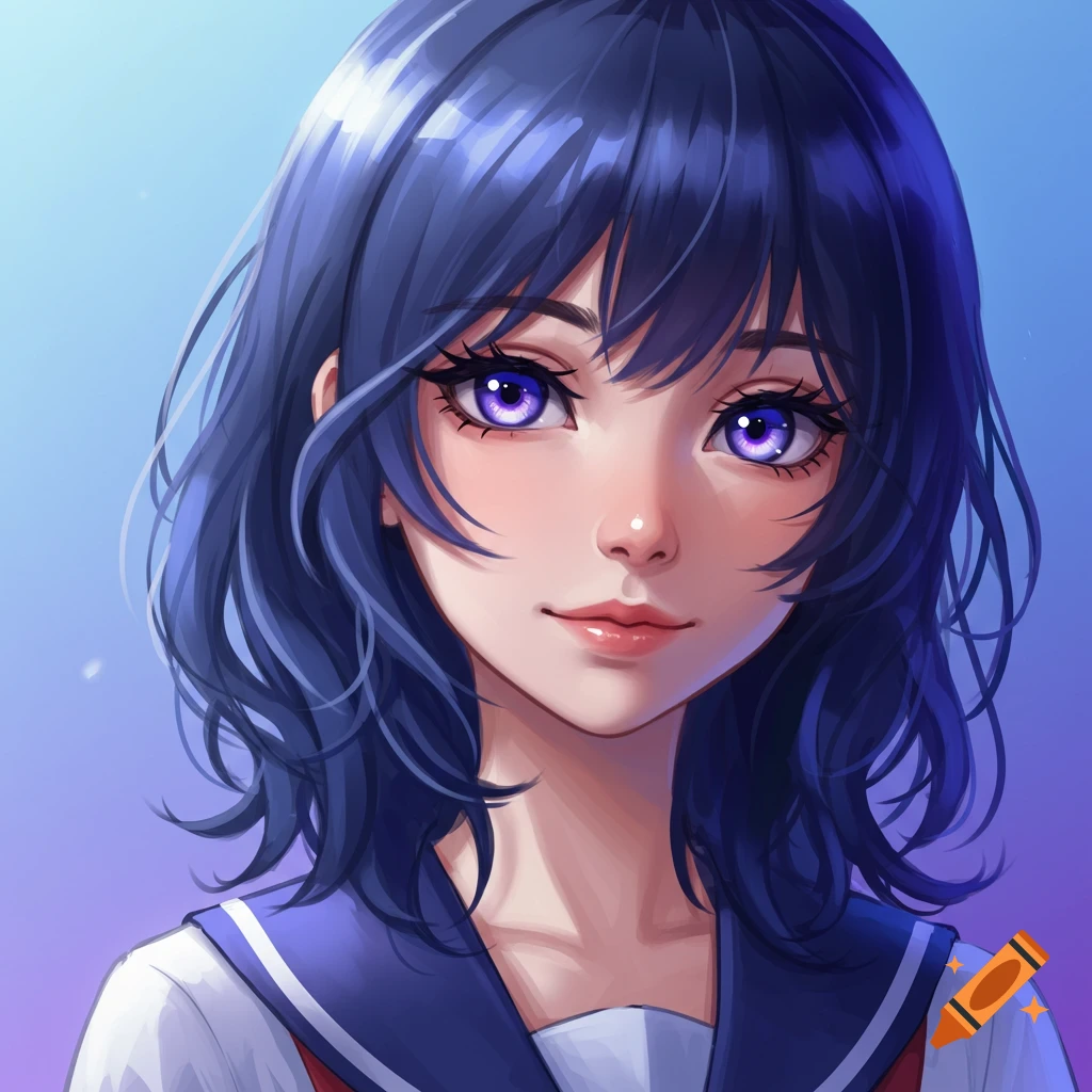 Anime girl with blue hair and purple eyes