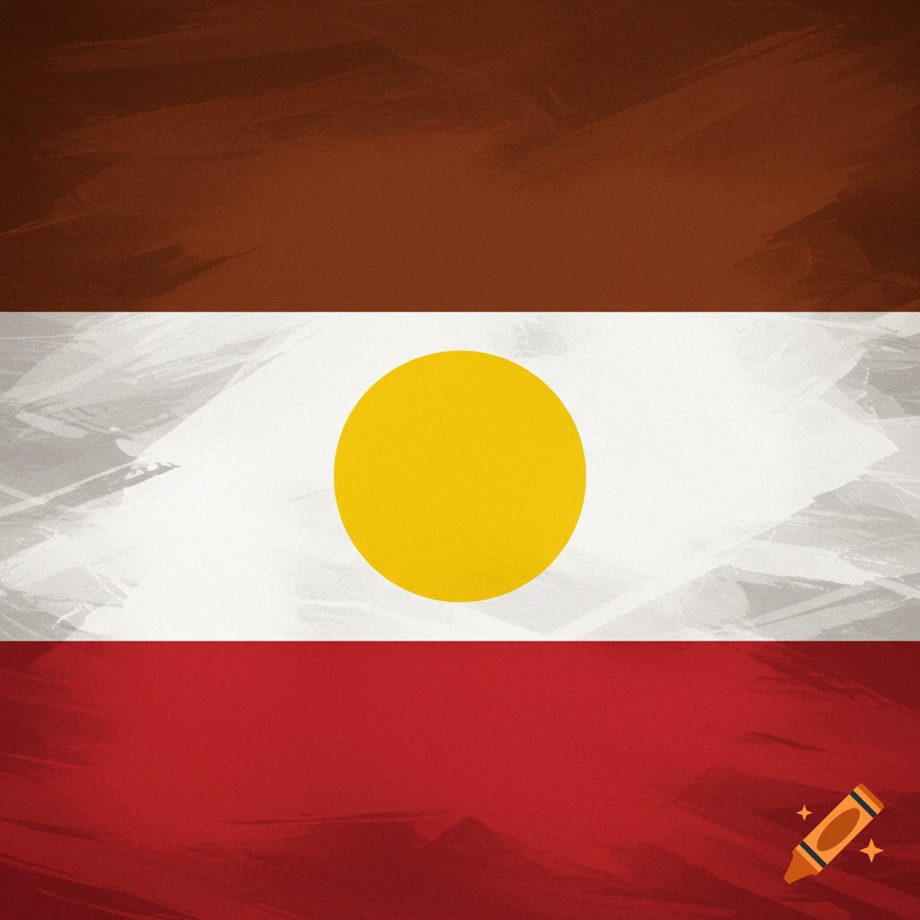 A flag design with brown, white, and red horizontal stripes and a yellow circle in the center.