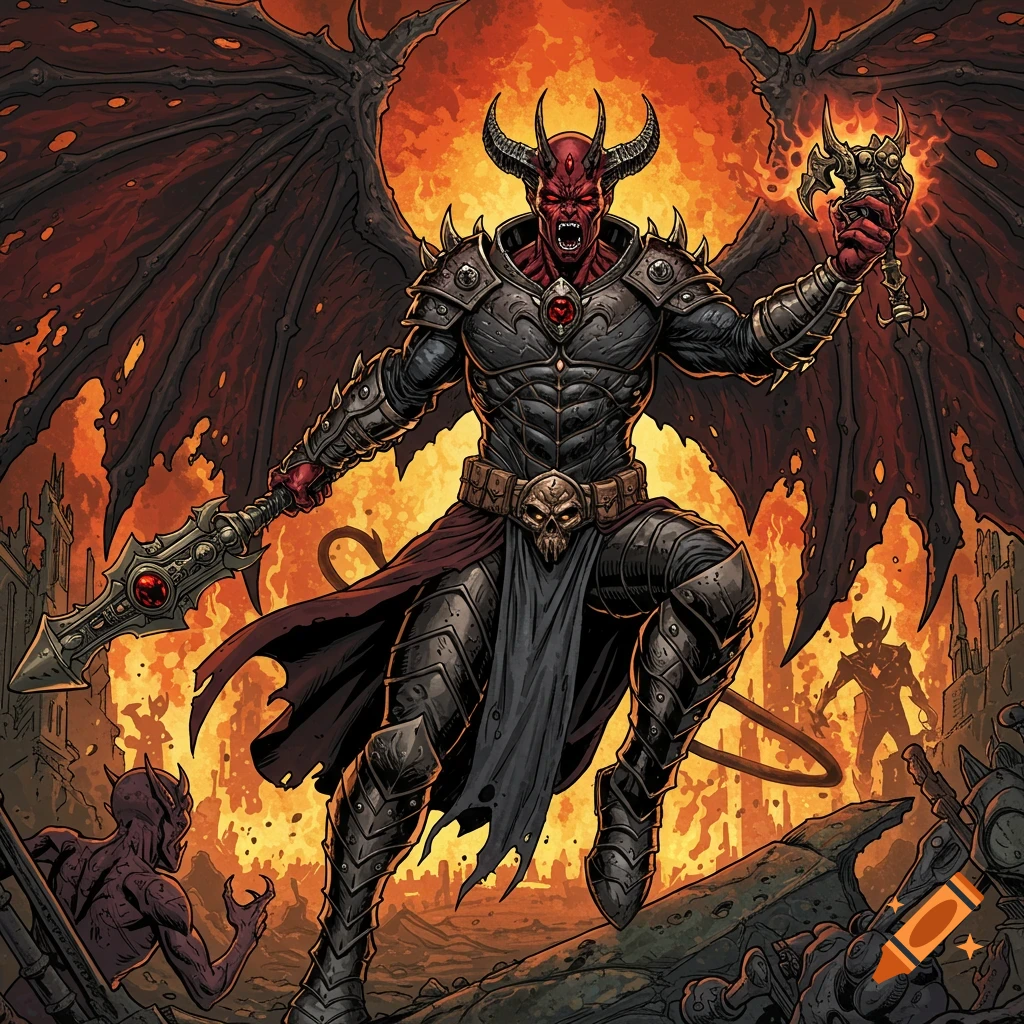 A demonic figure in black armor with wings stands in a fiery, destroyed city, holding a spear and glowing orb, in a comic book style.