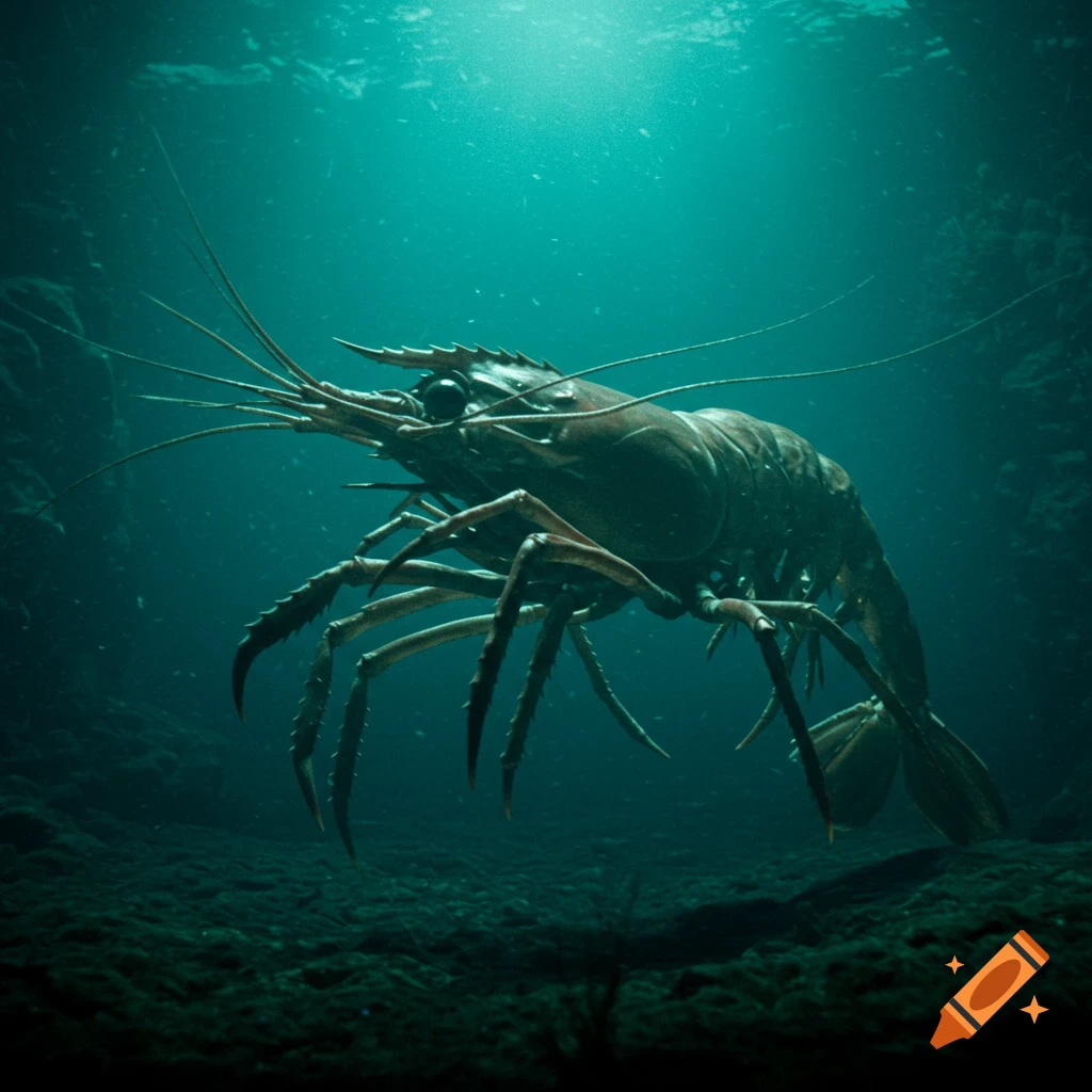 A large shrimp monster swims in deep water. Photorealistic style.