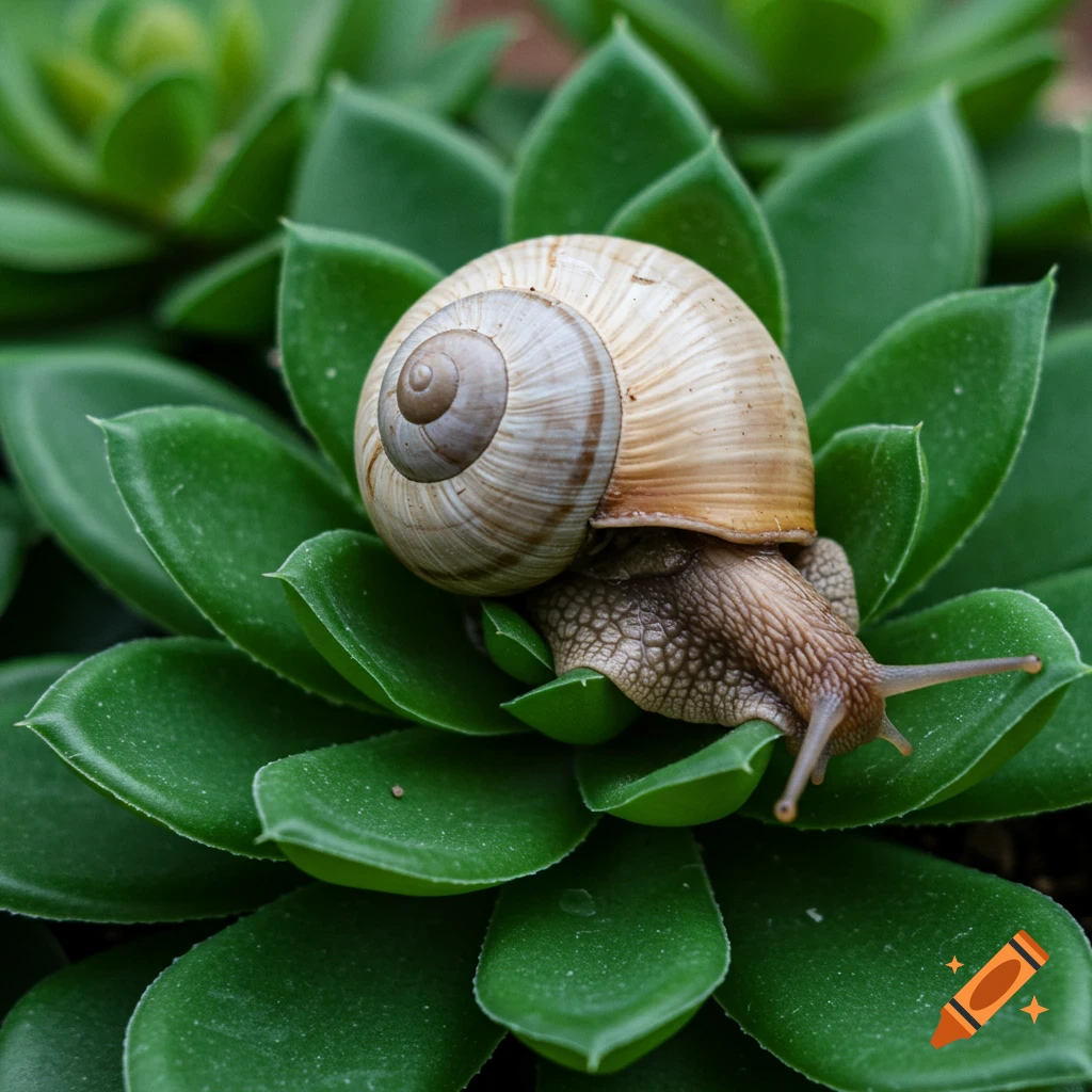 Close-up photograph of a snail on a green succulent plant.