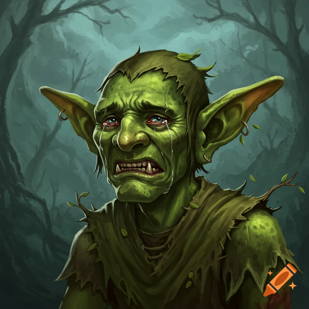 A sad green goblin with tears streaming down its face.