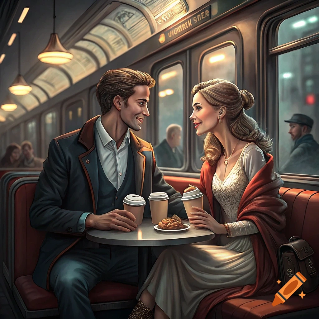 A couple sits opposite each other at a table on a train, smiling while holding coffee cups.