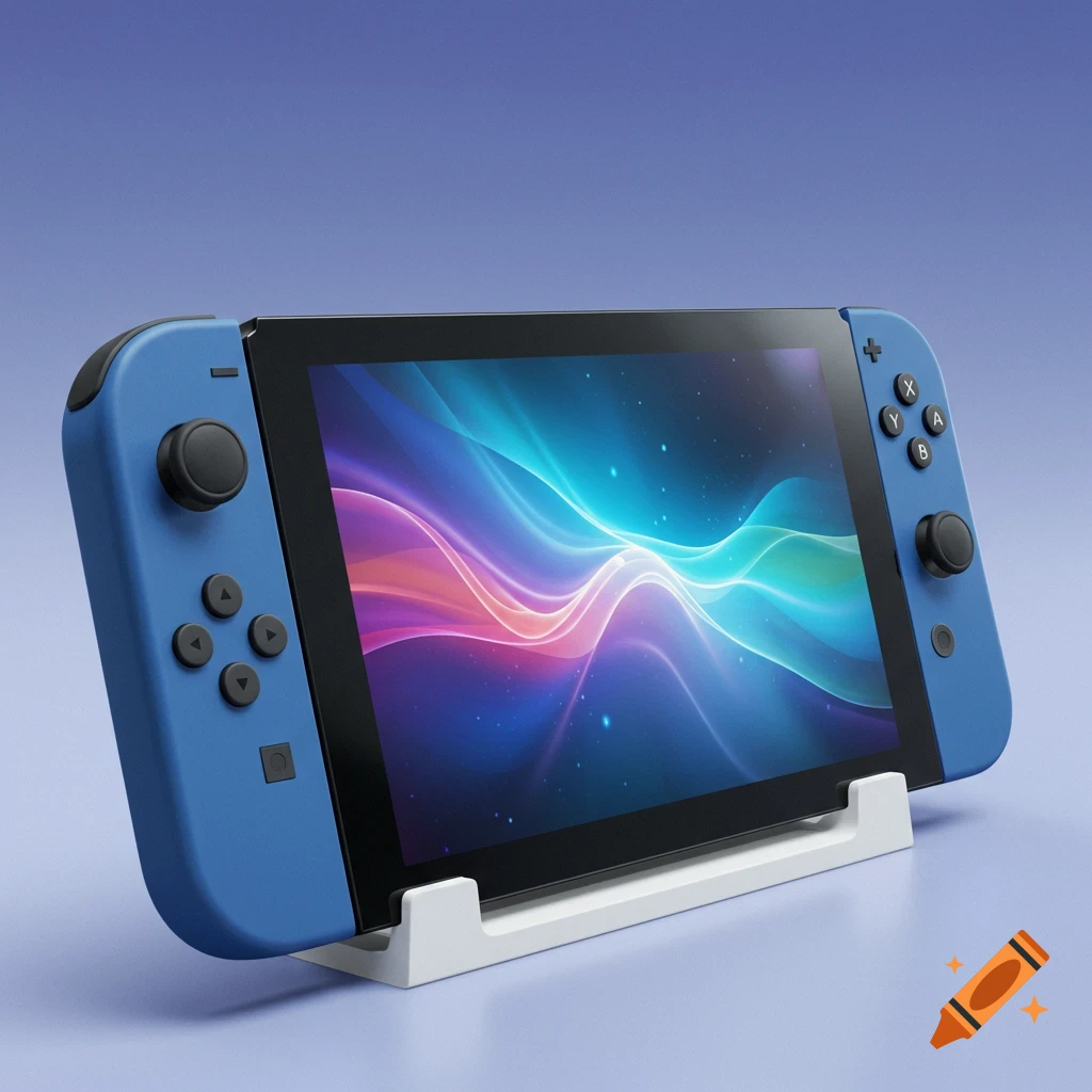 A blue gaming console resembling a Nintendo Switch on a white stand, displaying a colorful abstract waveform on the screen.