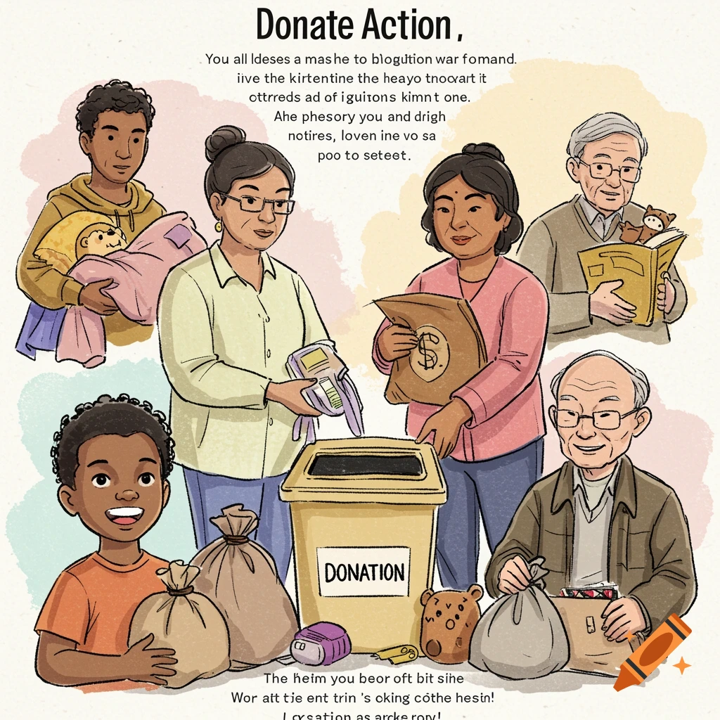 Illustration of diverse people donating clothes, books, and toys to a bin in a sketch style.