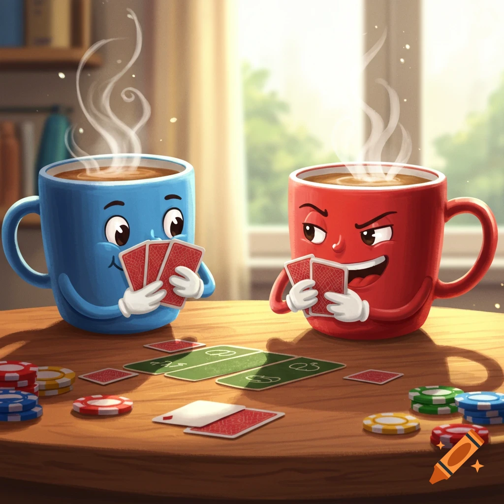 Two cartoon mugs playing cards with poker chips.
