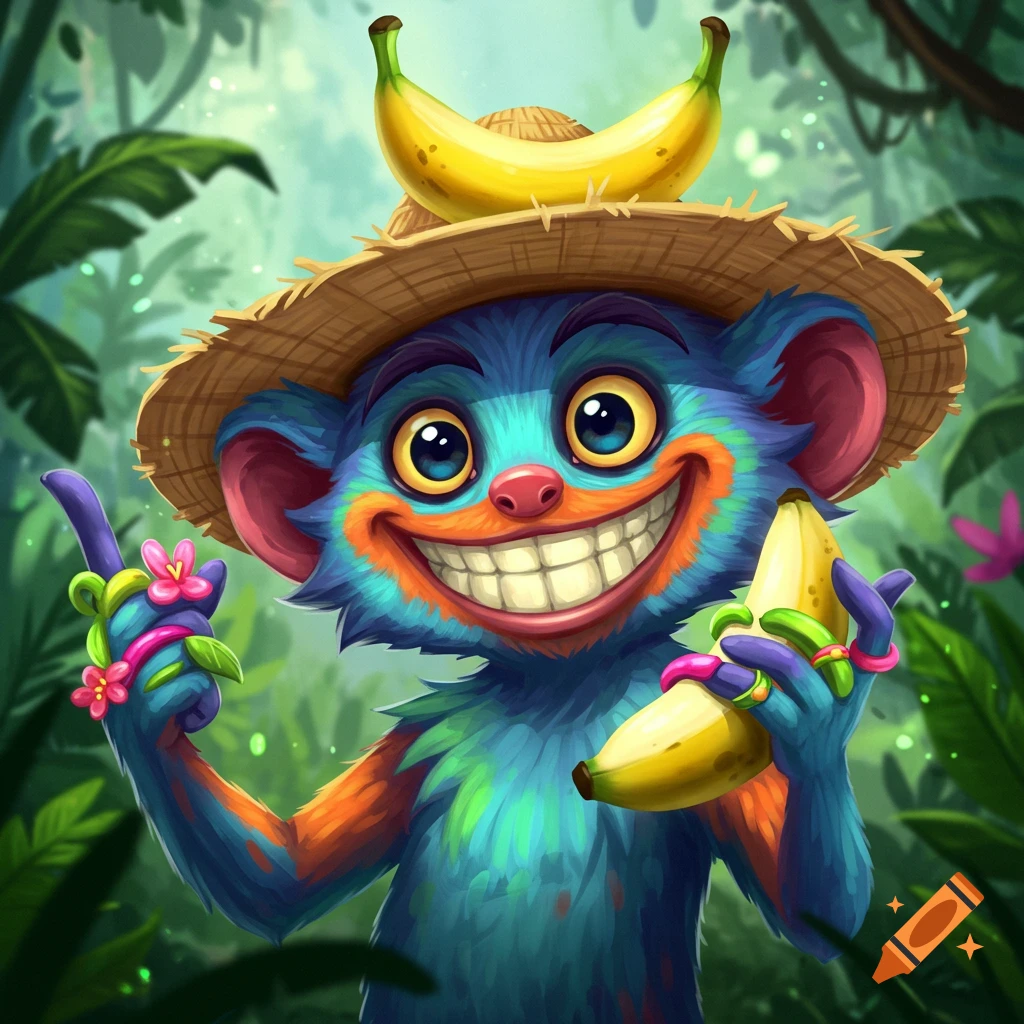 Colorful cartoon monkey in a jungle wearing a straw hat with a banana on it, holding another banana.