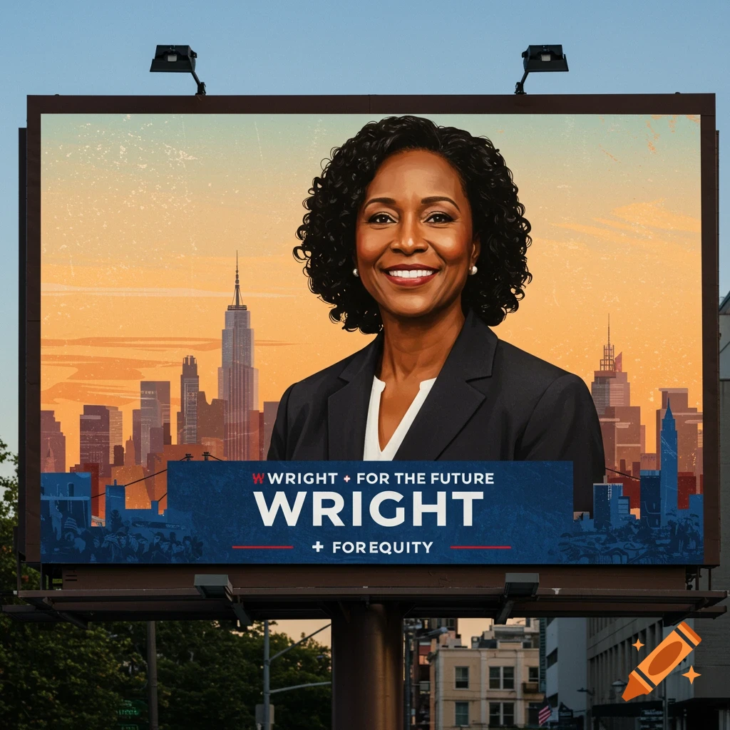A political billboard featuring a woman candidate with a cityscape background.