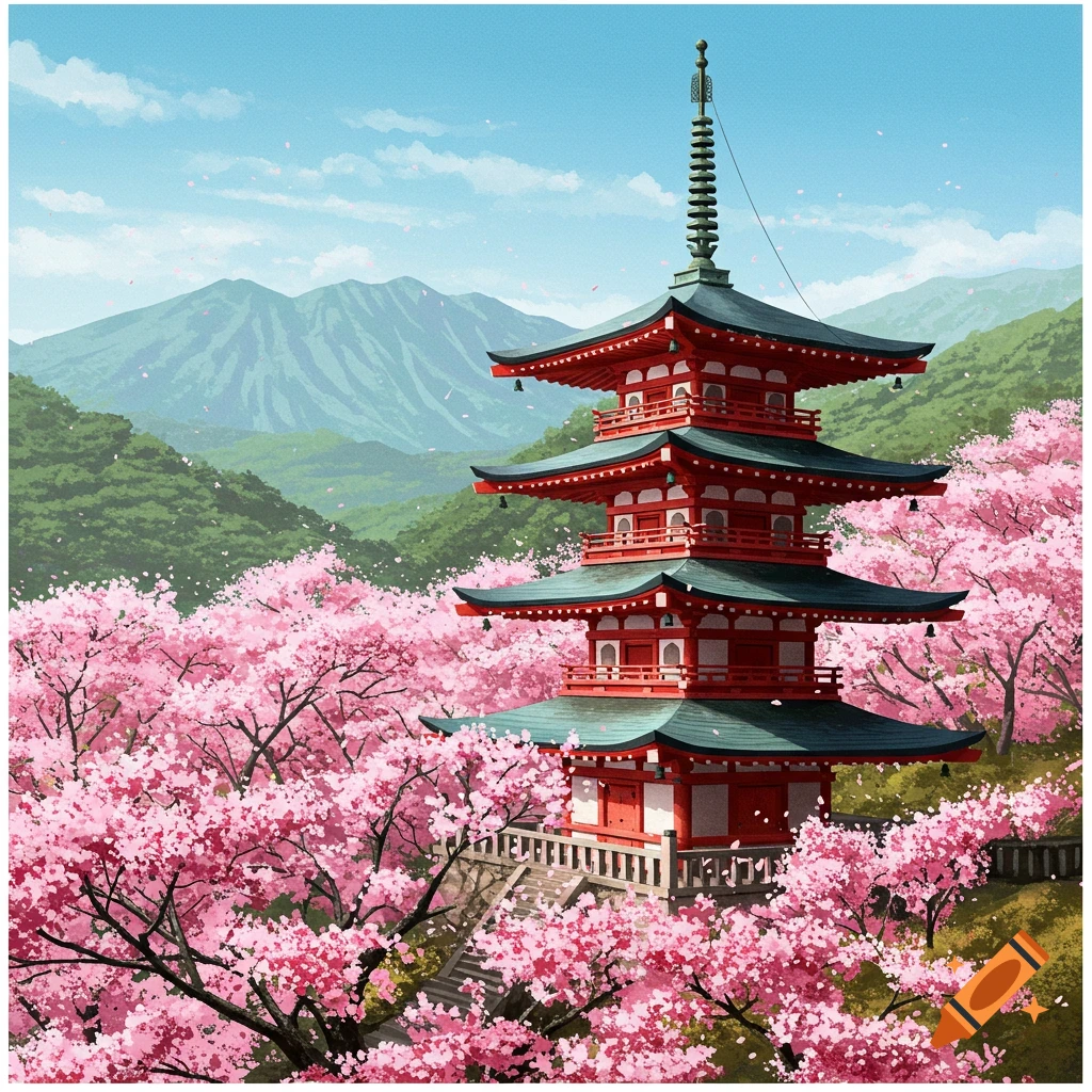 Red Japanese pagoda surrounded by pink cherry blossoms on a mountainside.