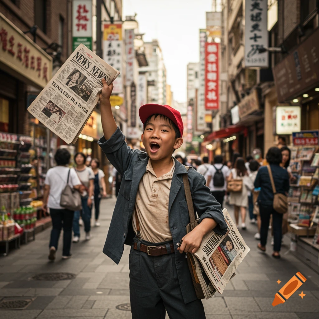 A young newsboy holds up a newspaper on a bustling city street.