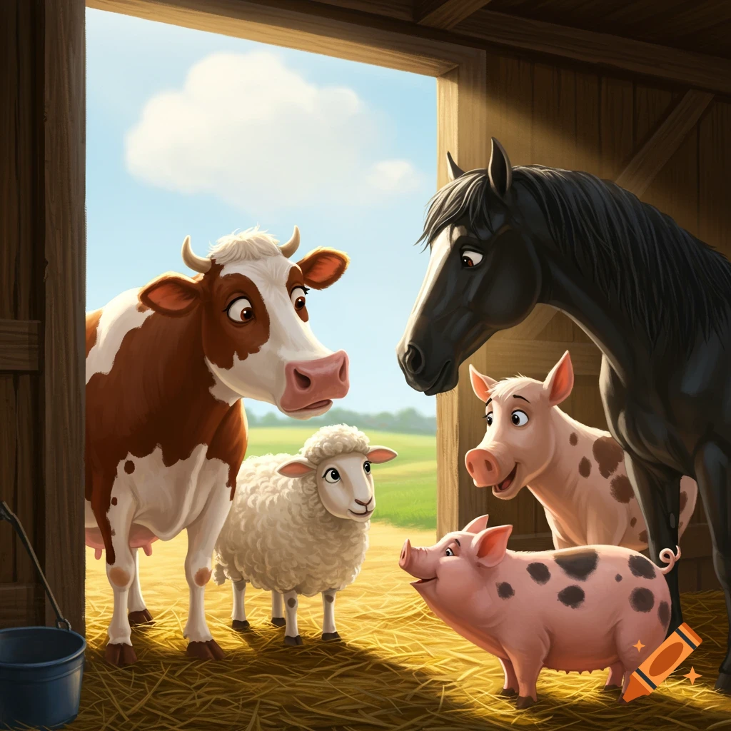 Cartoon farm animals (cow, sheep, pig, horse) standing in a barn doorway.