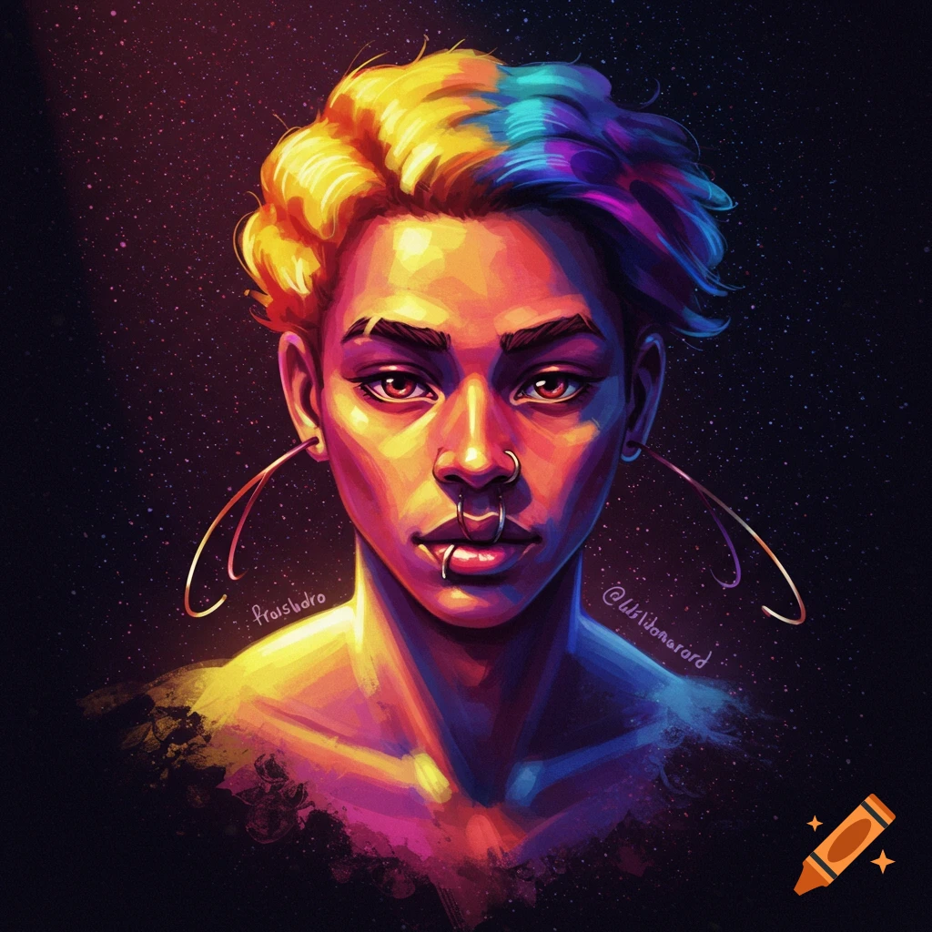 Portrait of a person with bright yellow, blue, and purple hair, face piercings, and large hoop earrings against a starry background.