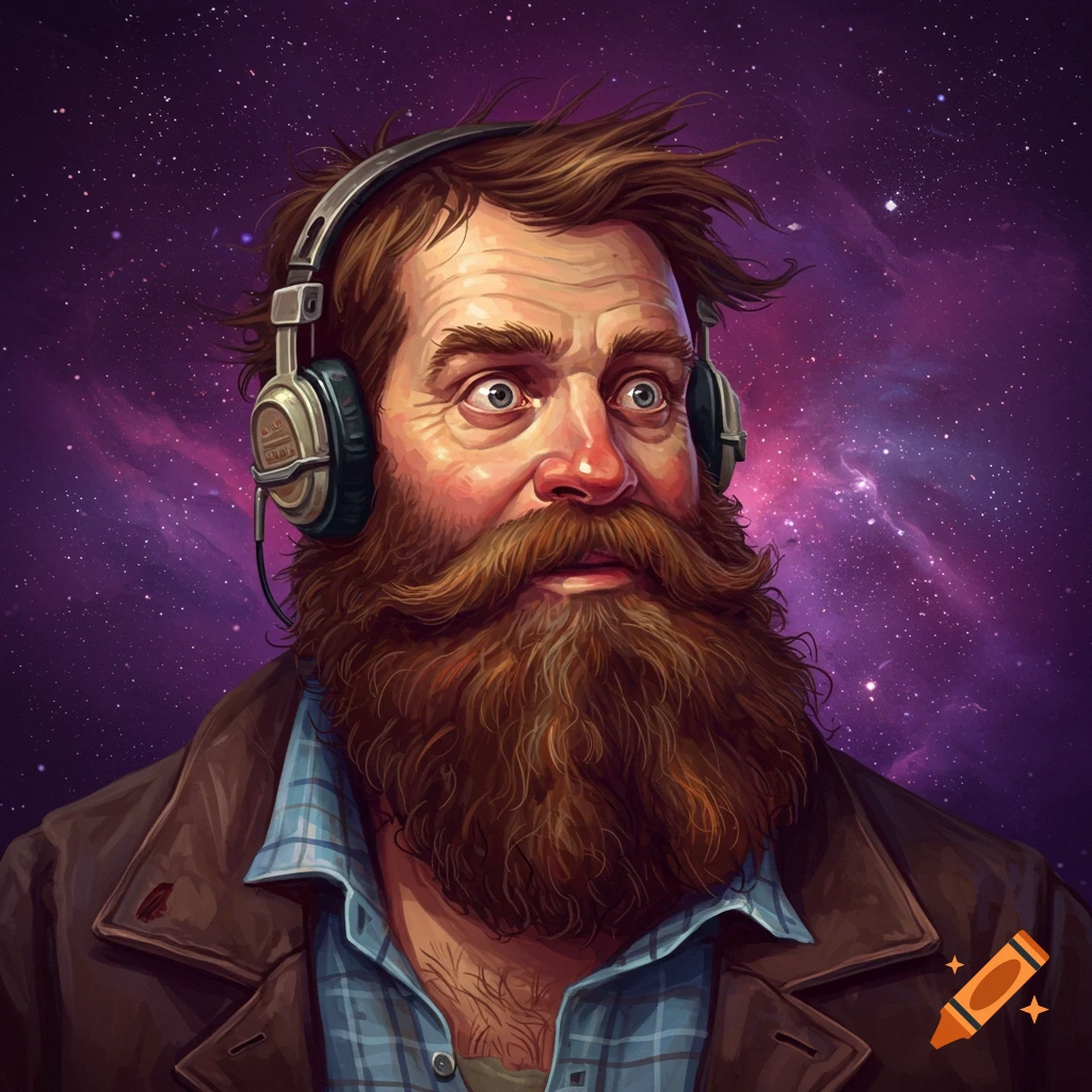 A bearded man wearing headphones against a galaxy background.