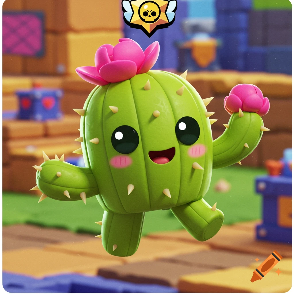 A cute cartoon Brawl Stars cactus character with pink flowers.