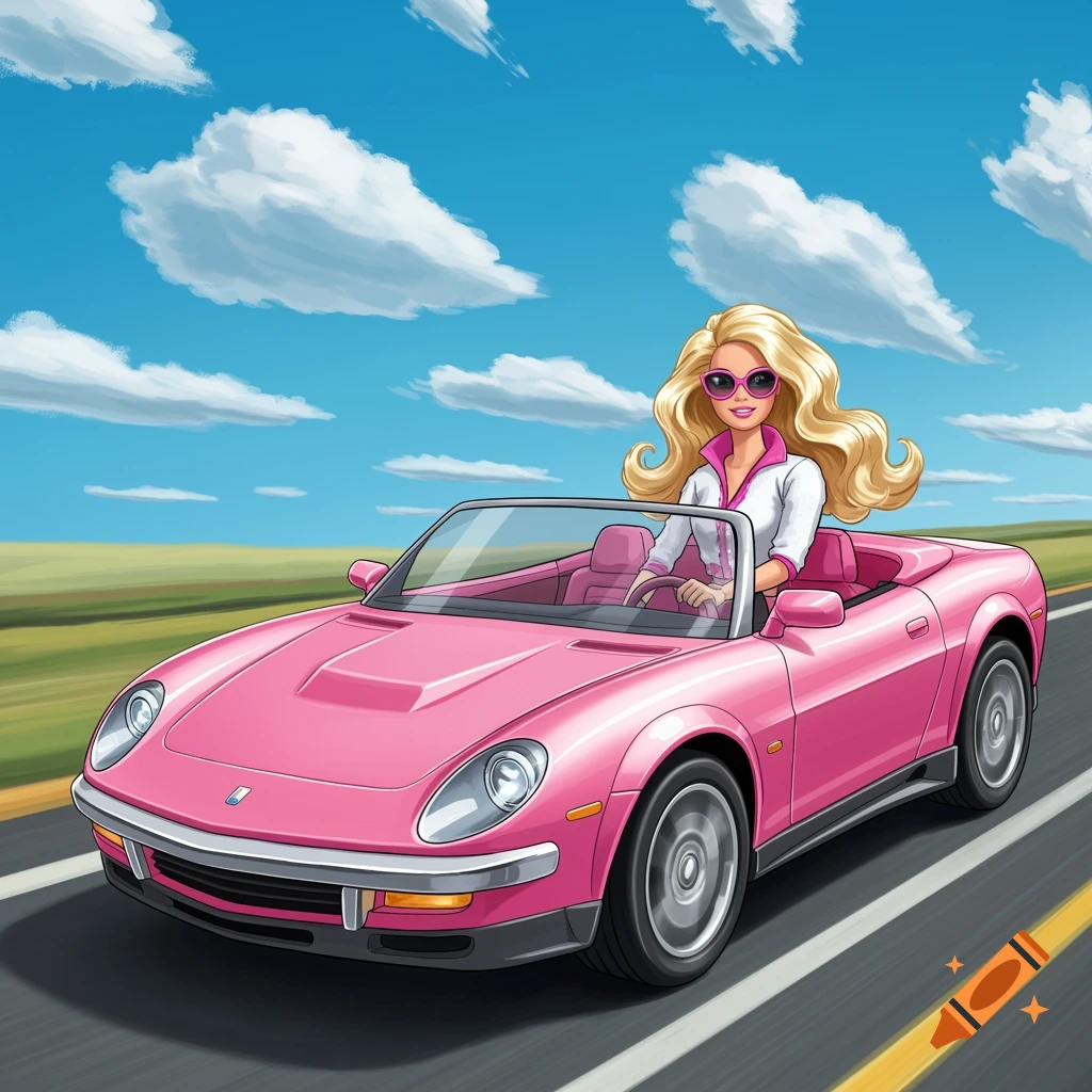 A Barbie-like figure drives a pink convertible on a highway in a pop art style.