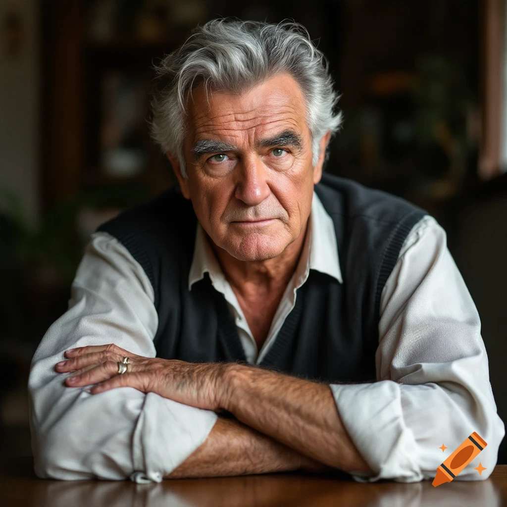 Portrait of an older man with gray hair, wearing a vest, sitting with arms crossed.