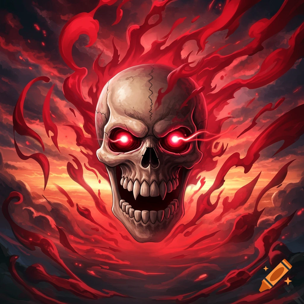 A stylized skull with glowing red eyes surrounded by red flames and tendrils against a stormy sky.